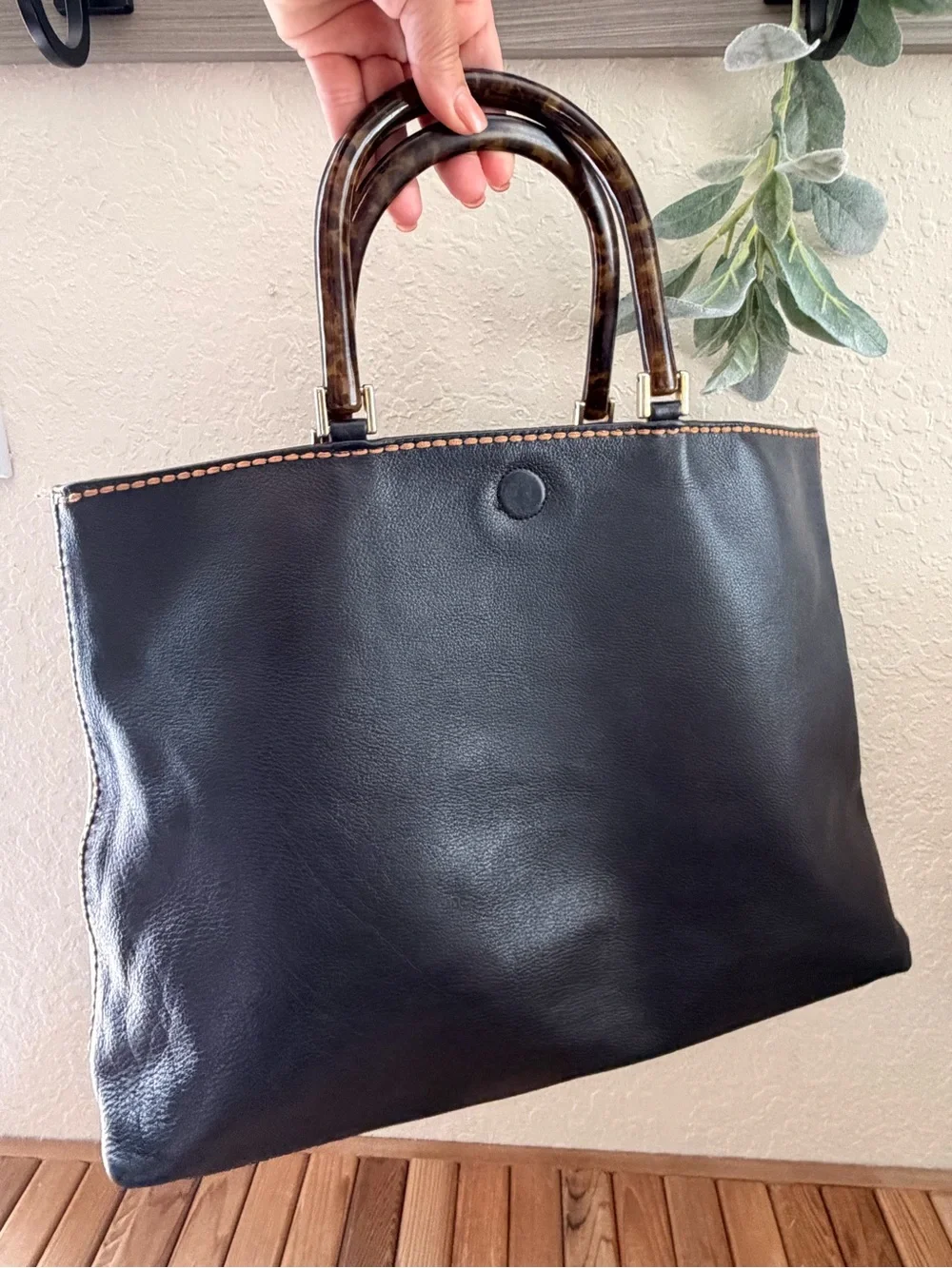 Plinio Visona Black Italian Leather Tote Bag, Tortoise Handles Leopard Interior